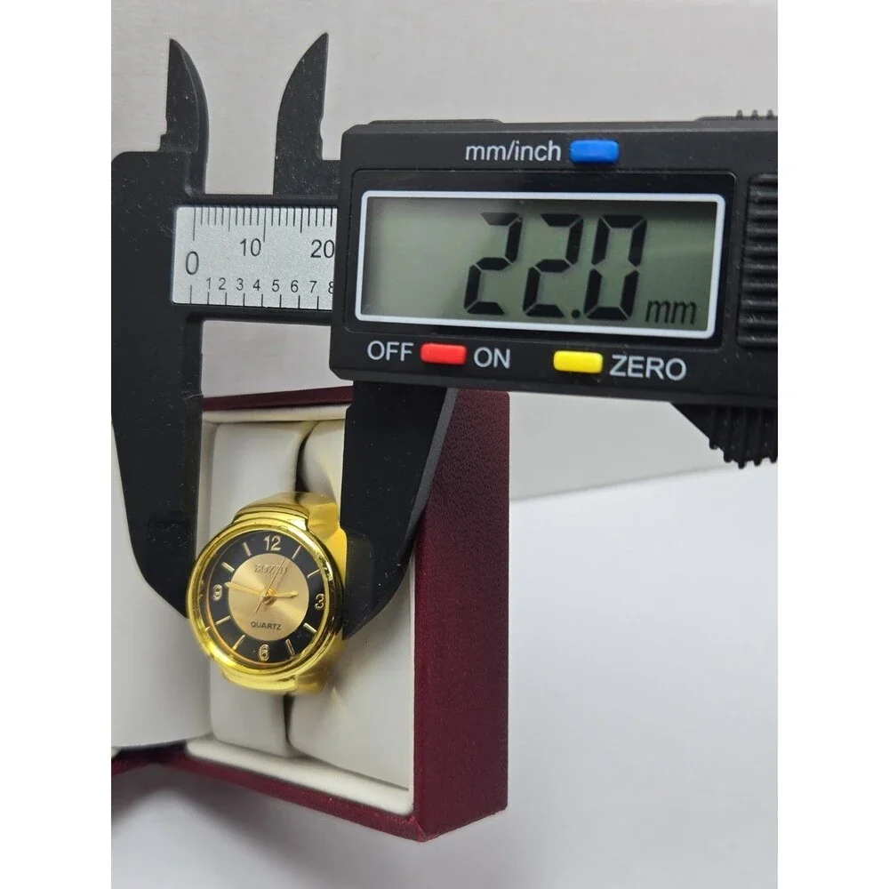 Bozhi Gold Tone Quartz Ring Watch Black Dial Adjustable Finger Retro New Battery